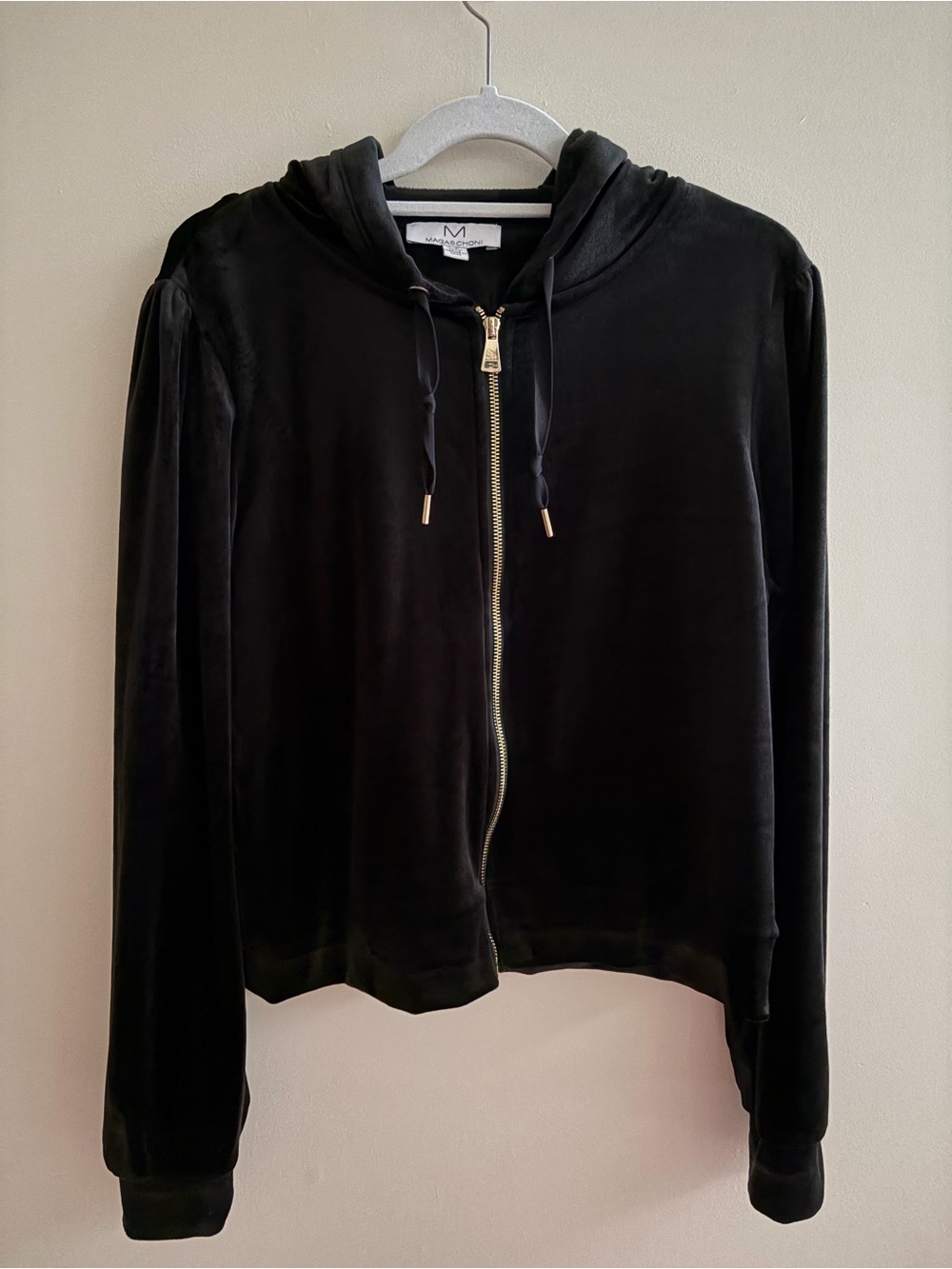 Magaschoni Black Velvet Hoodie with Gold Zip